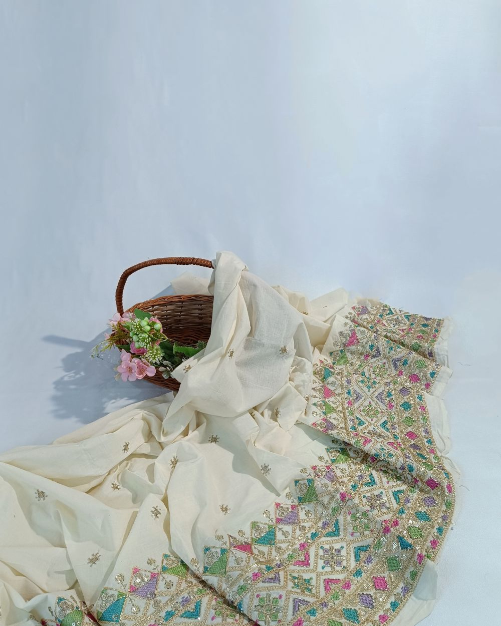 Kora Cotton Border Work Off White Colour 46 Inches Width