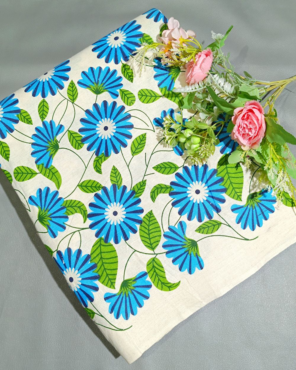 Printed Khadi Cotton with Border Blue Colour 42 Inches Width
