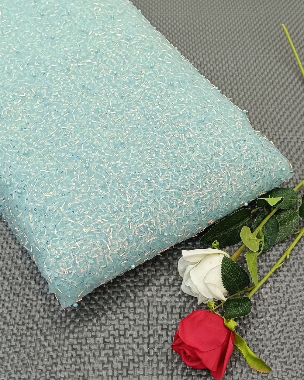 Imported Net Work Pastel Blue Colour 47 Inches Width