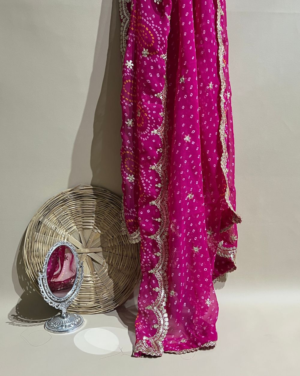 Georgette Bandhani Dupatta with Cut Work Border Rani Pink Colour 37 Inches Width