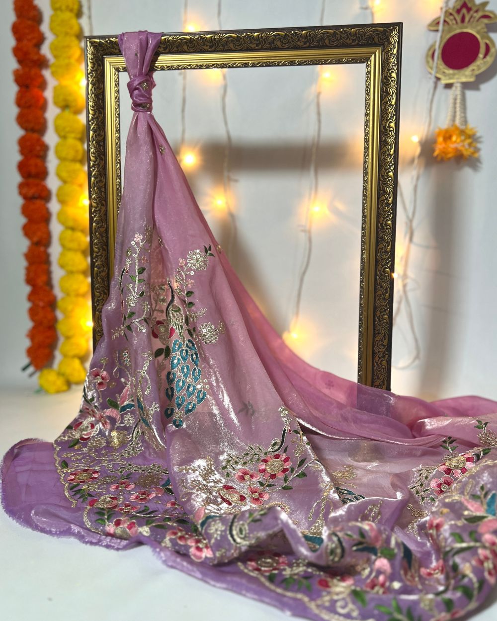 Shaded  Space Silk with Border Work Lavender Colour 46 Inches Width