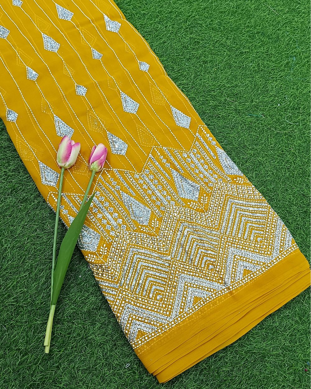 Georgette Sparkle Work Mustard Yellow Colour 44 Inches Width