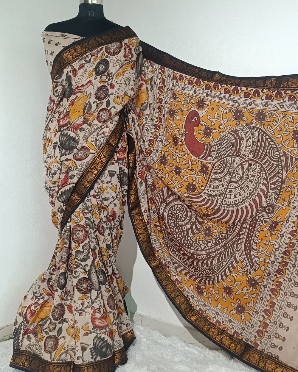 Hand Block Printed Cotton Kalamkari Saree with Blouse Piece Ivory Colour 46 Inches Width