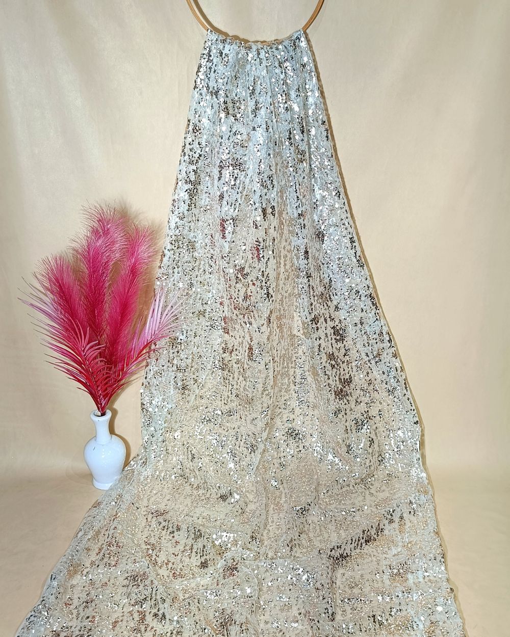 Net Sequins Work White Colour 44 Inches Width