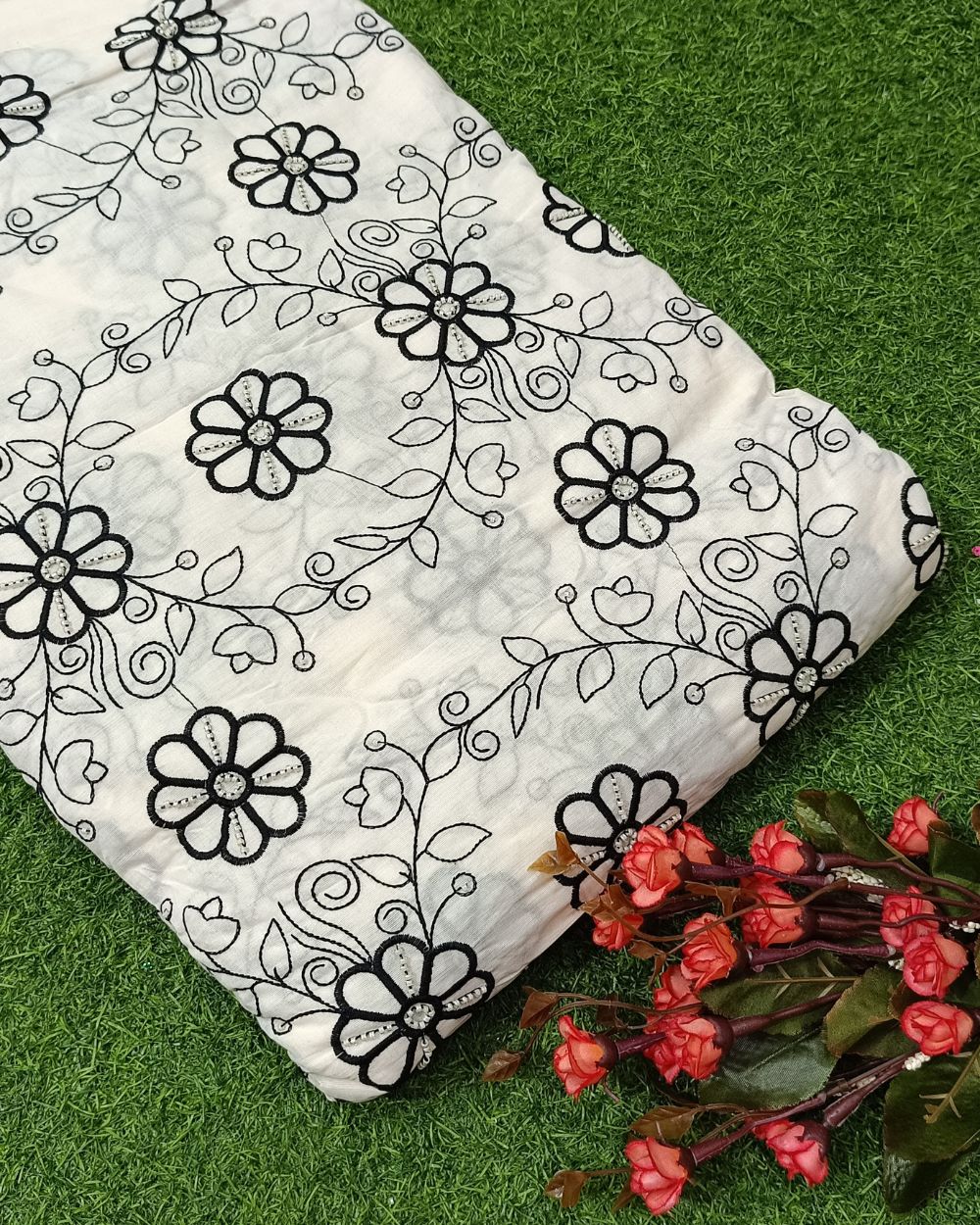 Kora Cotton Moti Work Black Colour 45 Inches Width