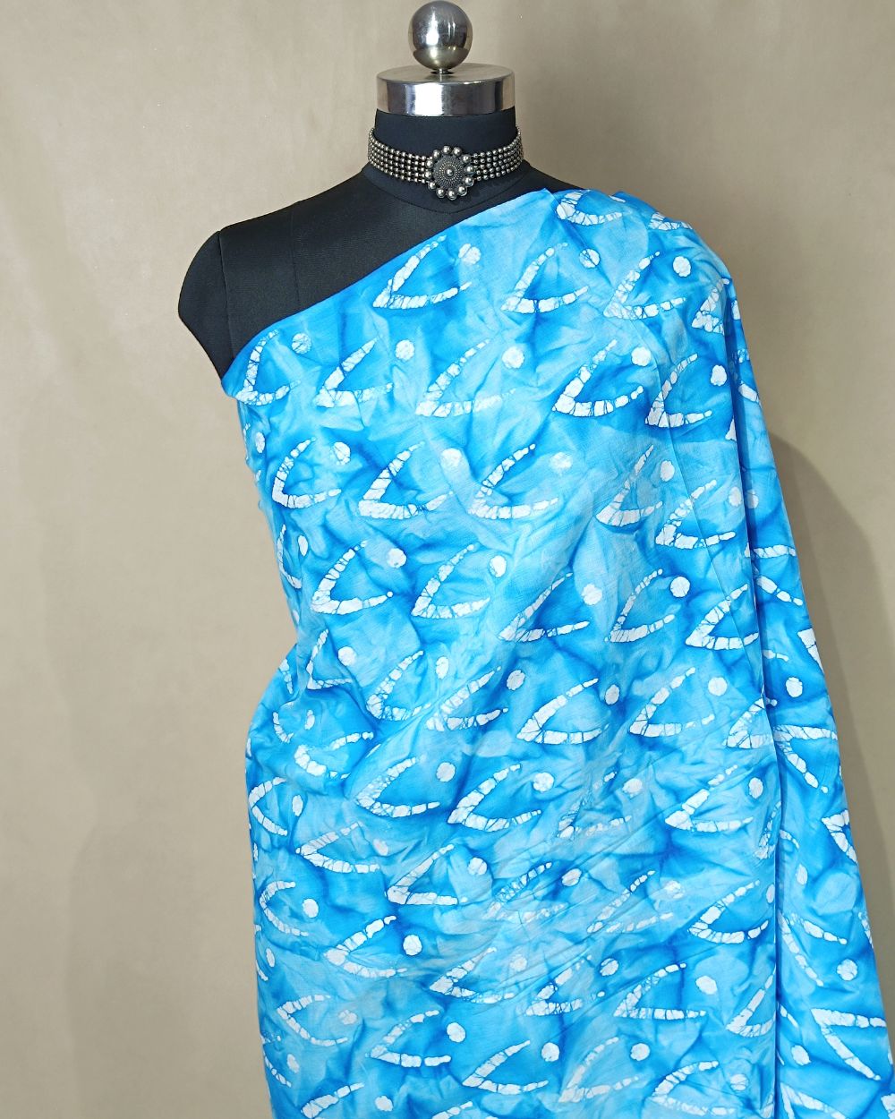 Cotton Hand Blocked Wax Batik Print Sky Blue Colour 44 Inches Width