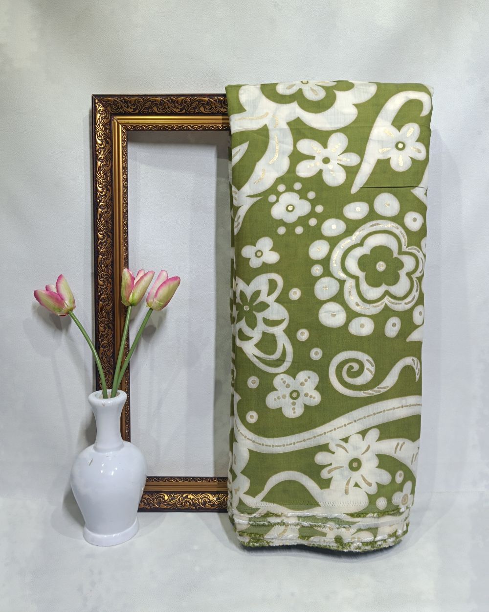Printed Muslin (Foil) Light Olive Green Colour 43 Inches Width