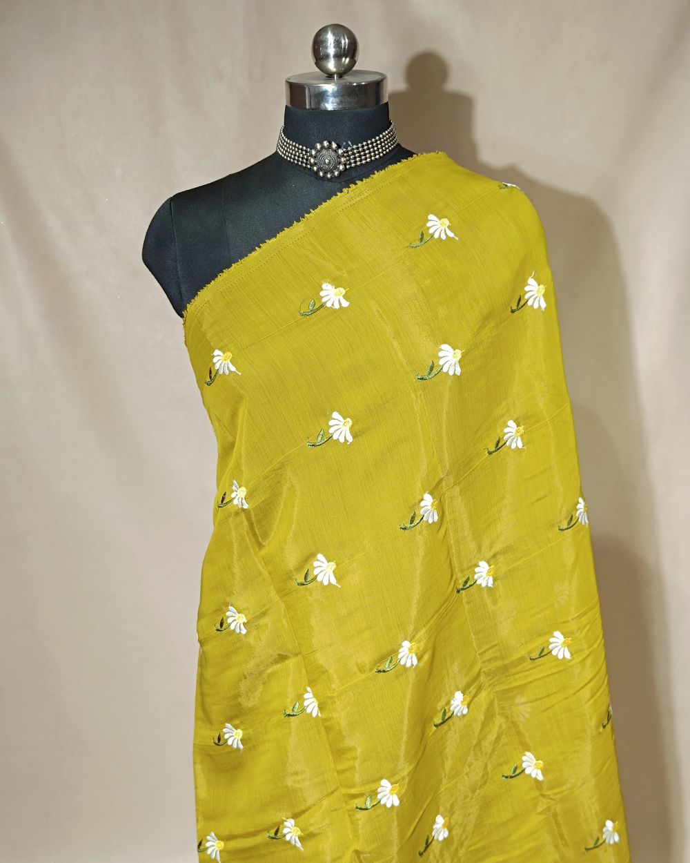 Chanderi Mal Cotton with Thread Work Olive Yellow Colour 43 Inches Width