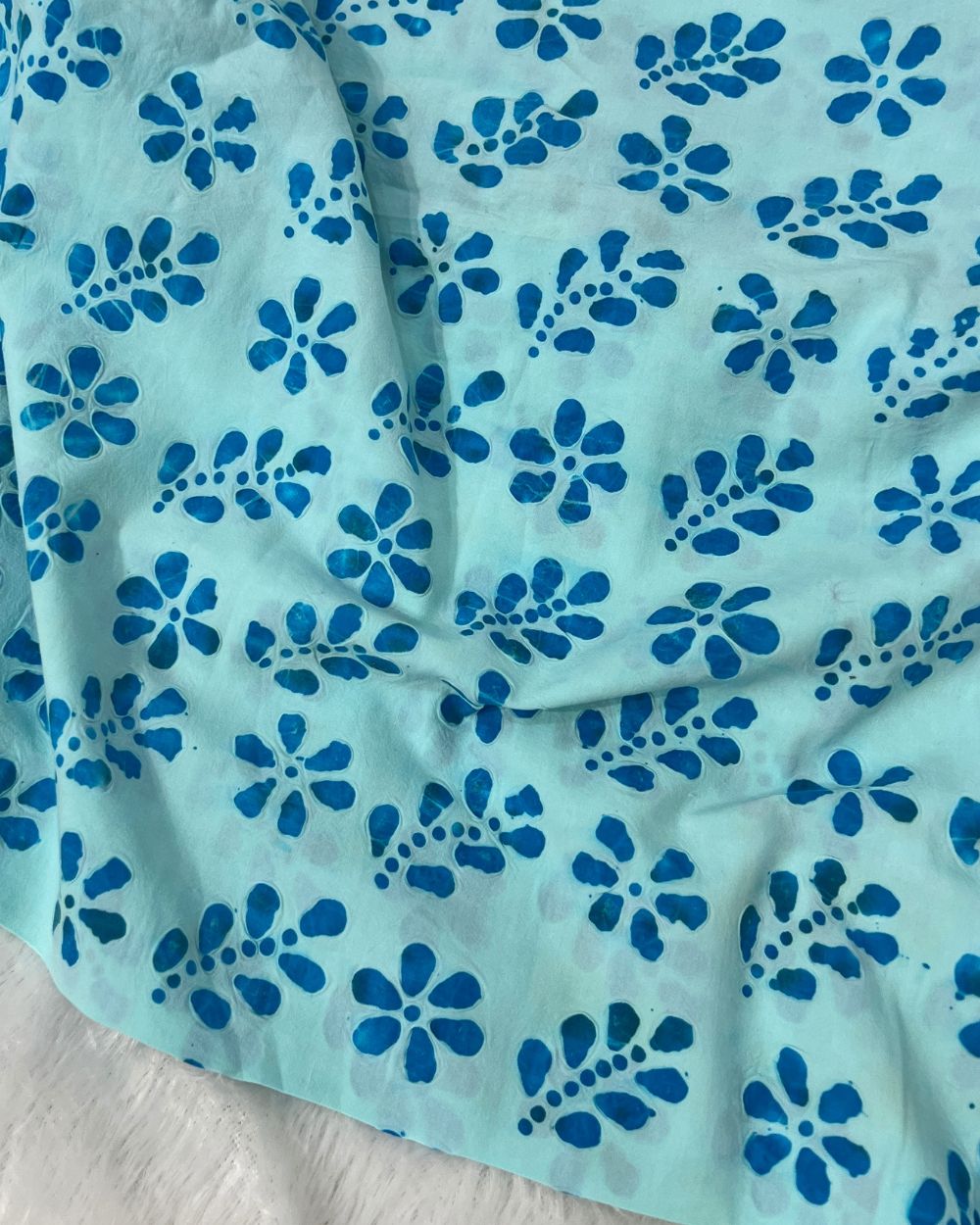 Cotton Hand Blocked Wax Bubble Batik Print Sky Blue Colour 42 Inches Width