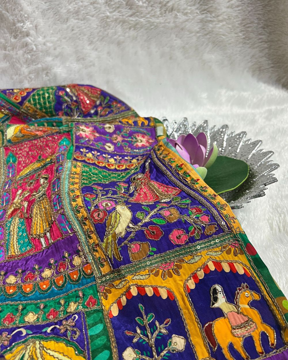 Position Print with Sequin Embroidery on Natural Crepe Multicolor 42 Inches Width