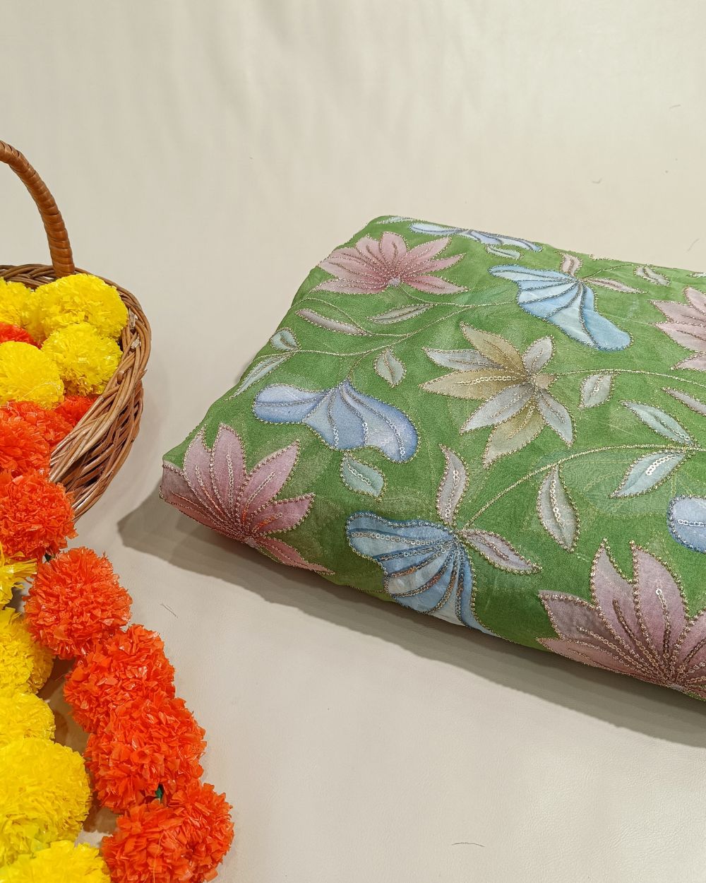 Premium Organza Work Lime Green Colour 44 Inches Width