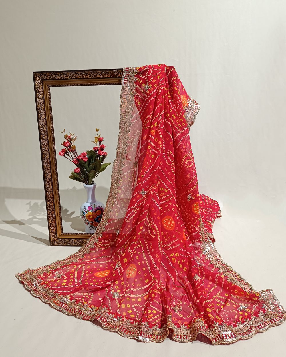 Georgette Bandhani Dupatta with Cut Work Border Red Colour 37 Inches Width