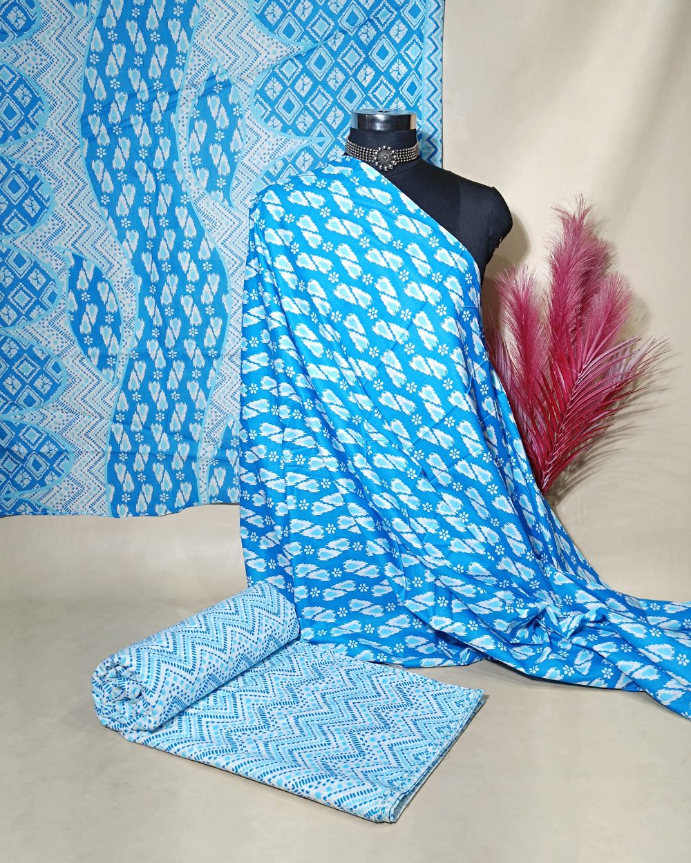 Printed Cotton Unstitched Top-Bottom Set with Dupatta Sky Blue Colour 44 Inches Width