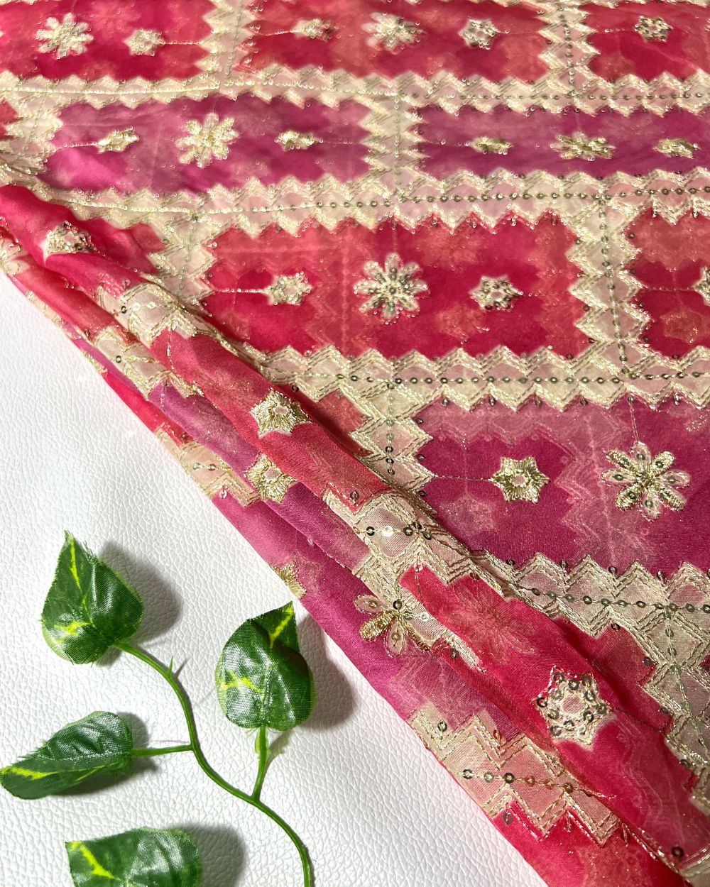 Position Print with Sequin Embroidery on Premium Organza Pink Colour 48 Inches Width