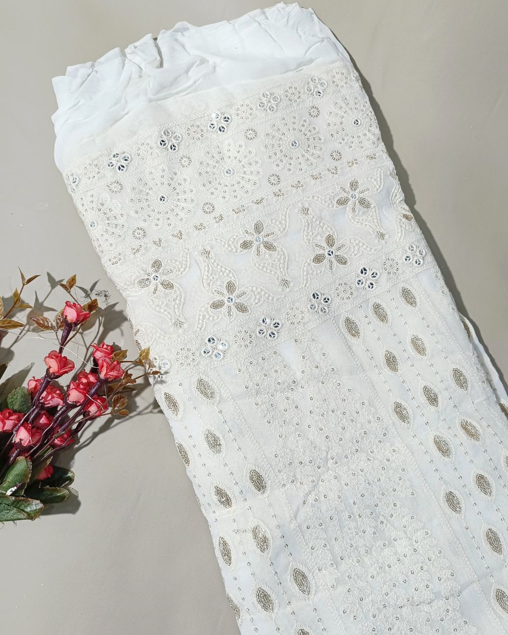 Dyeable Lucknowi Work with Border Viscose Georgette White Colour 52 inches width