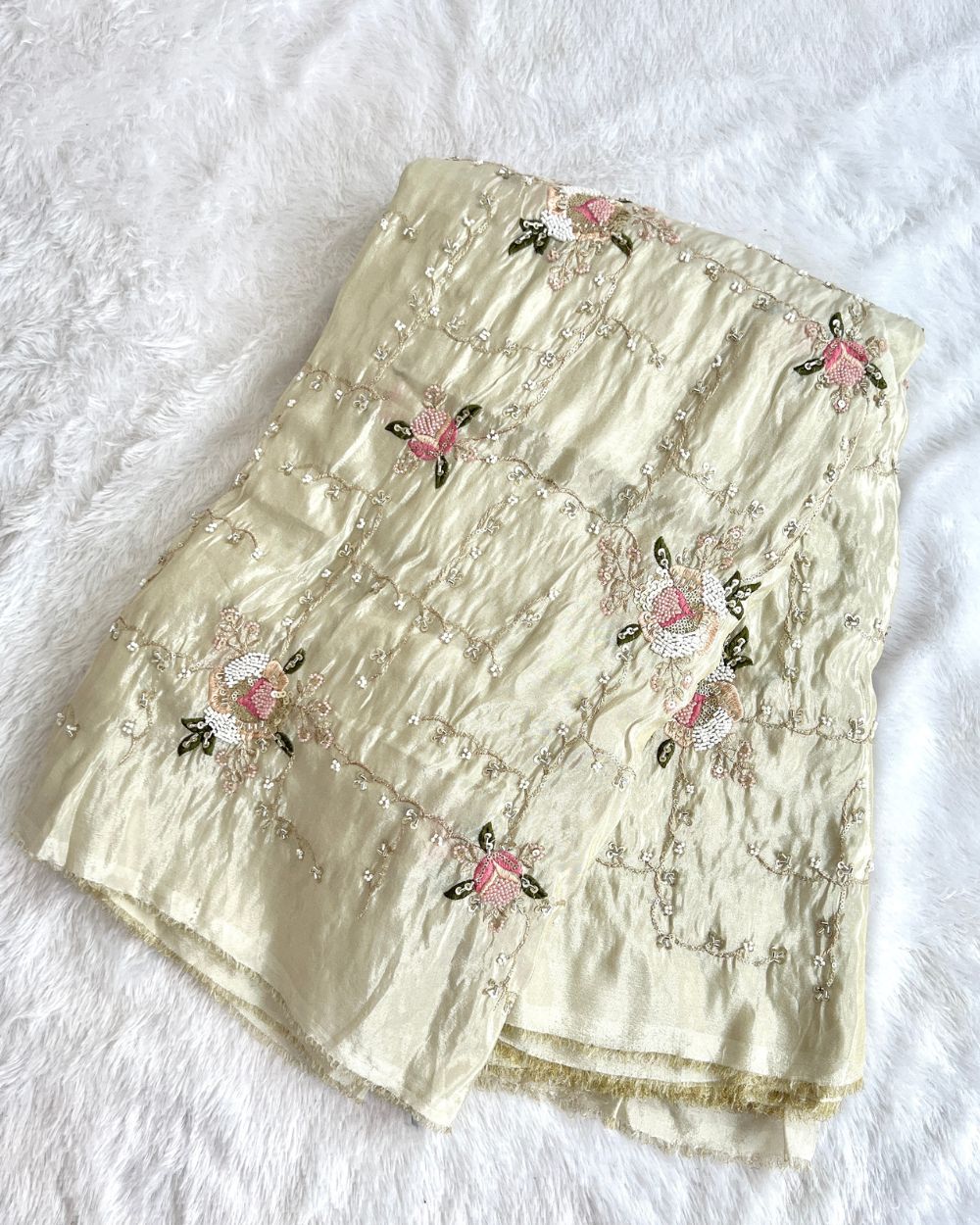 Cosmos Golden Colour fabric with Multicolor Floral Work 45 Inches Width