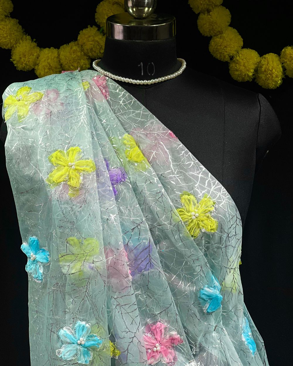 Premium Organza Work with Korean Foil Aqua Blue Colour 45 Inches Width