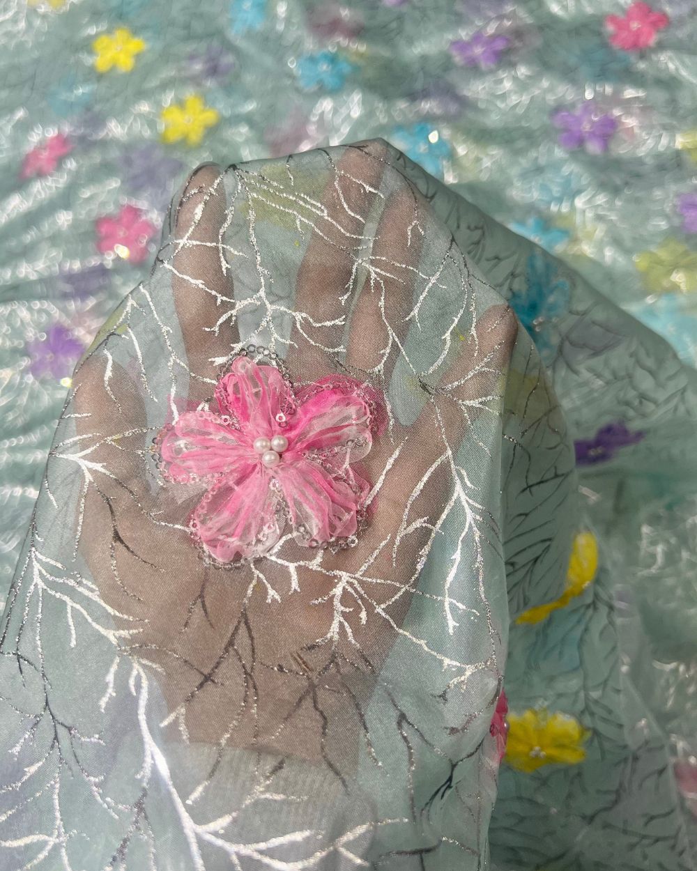 Premium Organza Work with Korean Foil Aqua Blue Colour 45 Inches Width