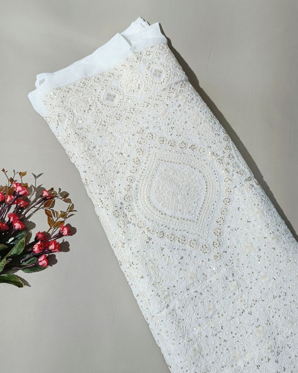 Dyeable Lucknowi Work with Border Viscose Georgette White Colour 54 inches width