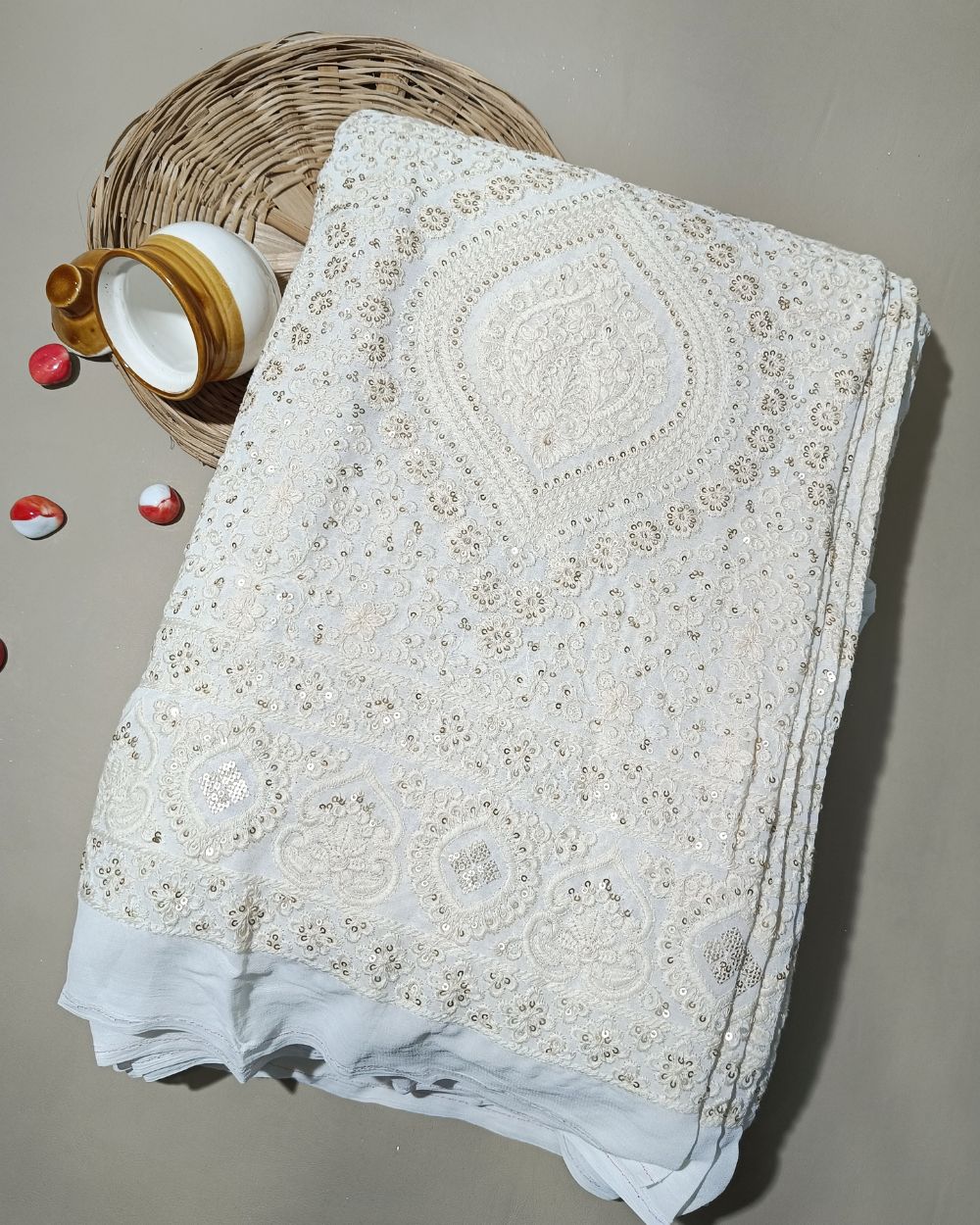 Dyeable Lucknowi Work with Border Viscose Georgette White Colour 54 inches width