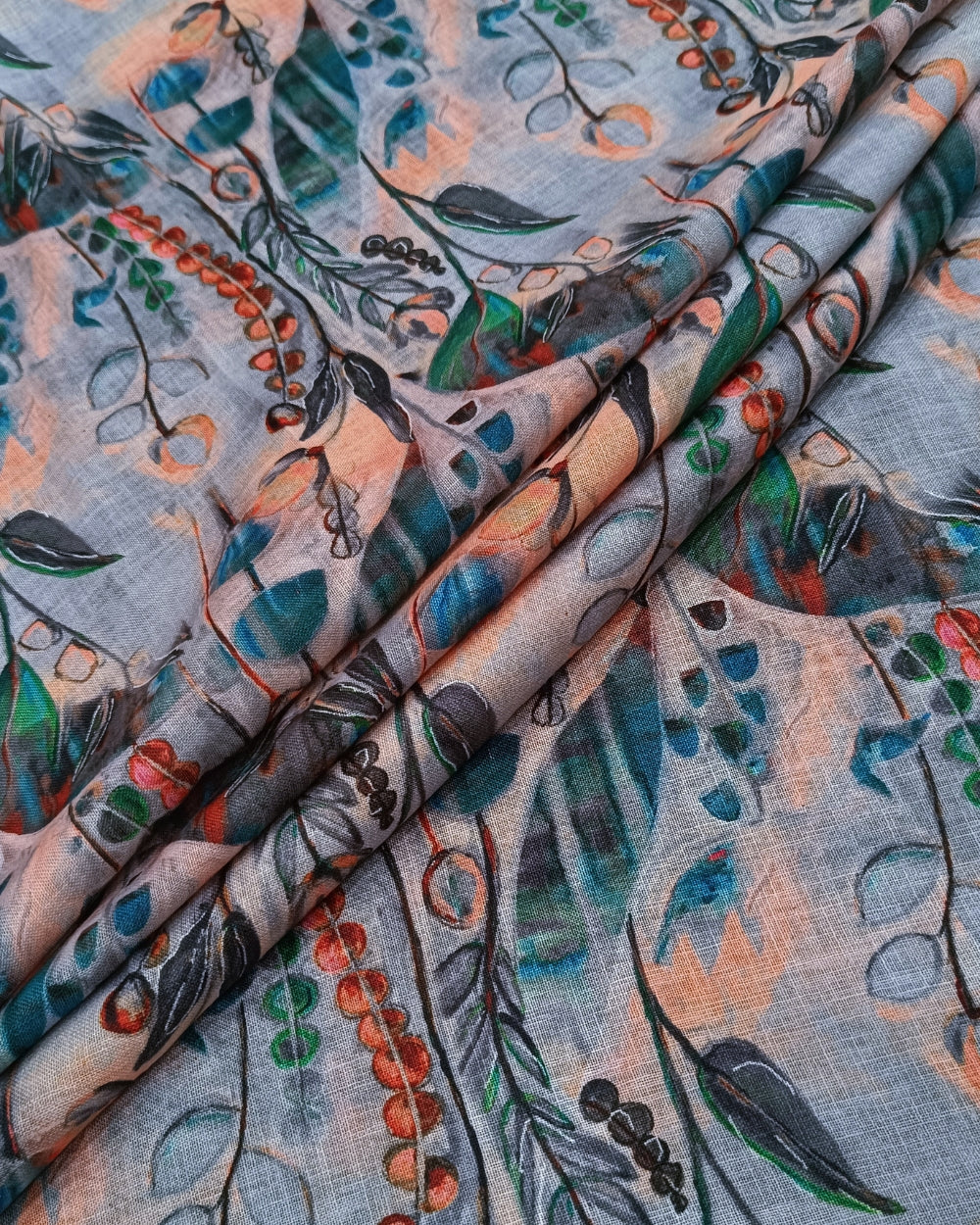 Cotton Linen Feel Floral Print Grey Colour 43 Inches Width