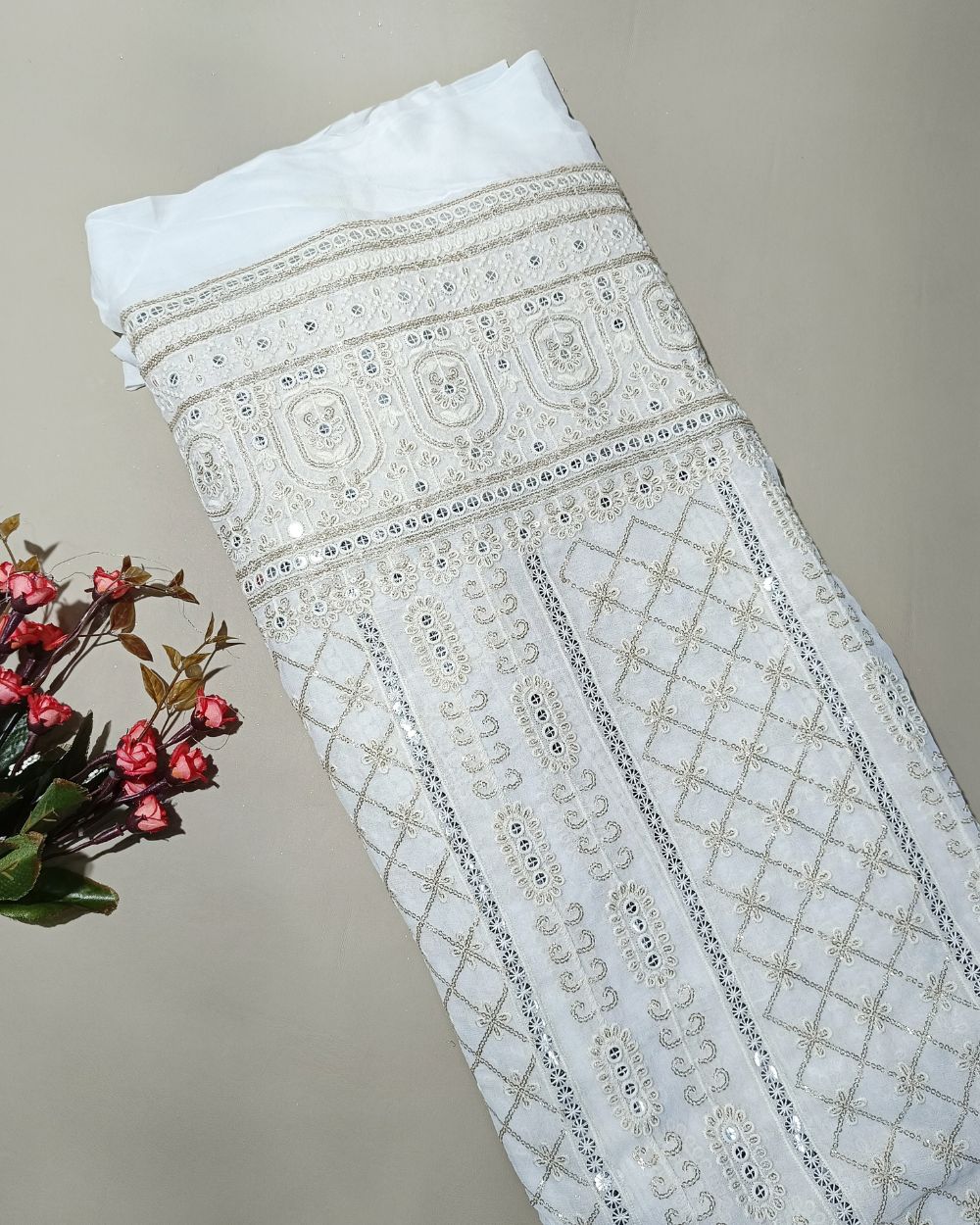Dyeable Lucknowi Work with Border Viscose Georgette White Colour 54 inches width