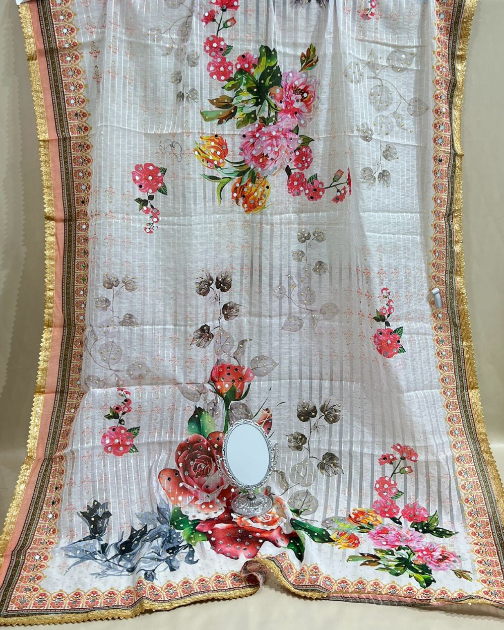 Chanderi Abla Work Dupatta White Colour 42 Inches Width