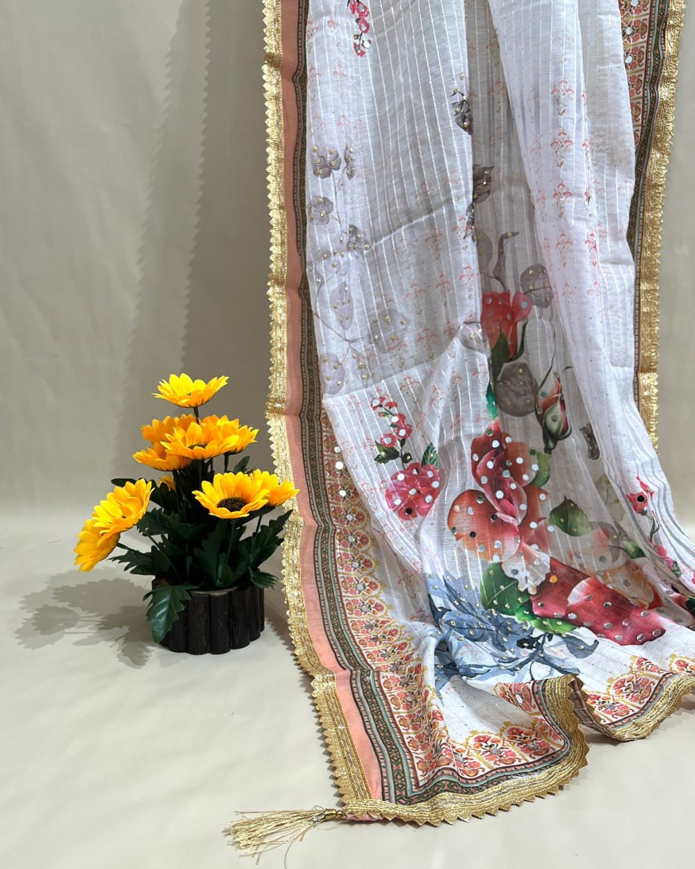 Chanderi Abla Work Dupatta White Colour 42 Inches Width