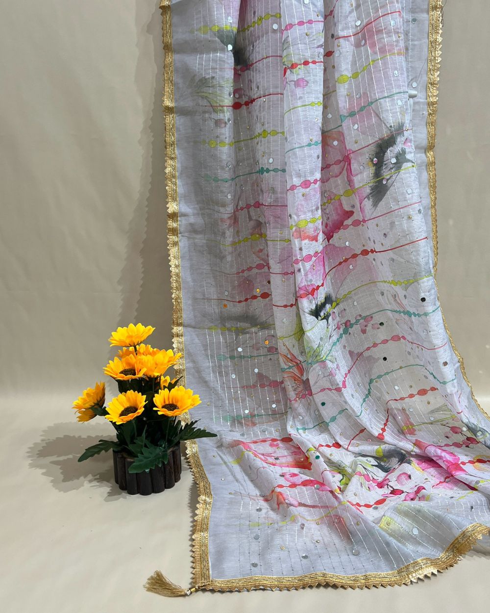 Chanderi Abla Work Dupatta White Colour 42 Inches Width