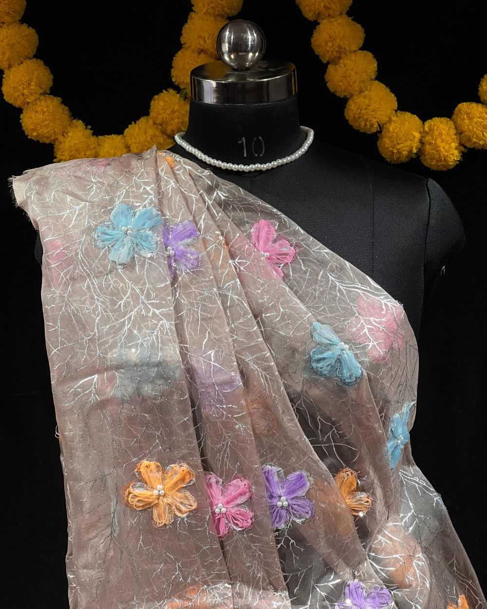 Premium Organza Work with Korean Foil Dusty Brown Colour 45 Inches Width