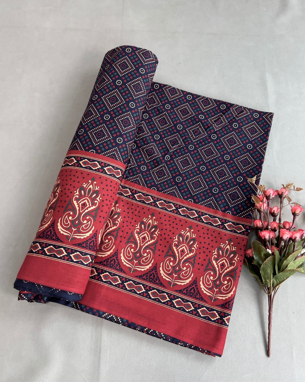 Printed Gujari Cotton with Border Dark Navy Blue Colour 42 Inches Width