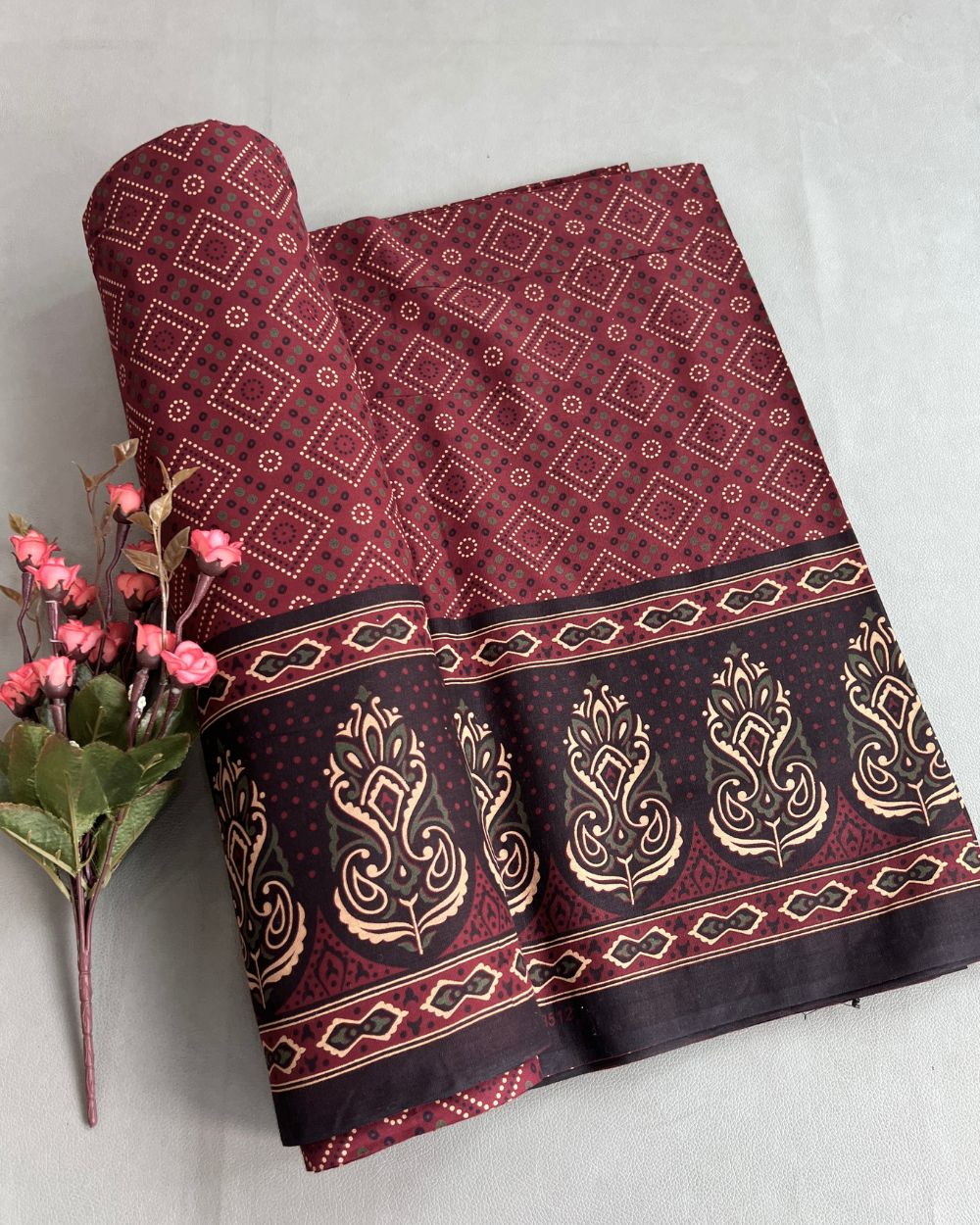 Printed Gujari Cotton with Border Maroon Colour 42 Inches Width