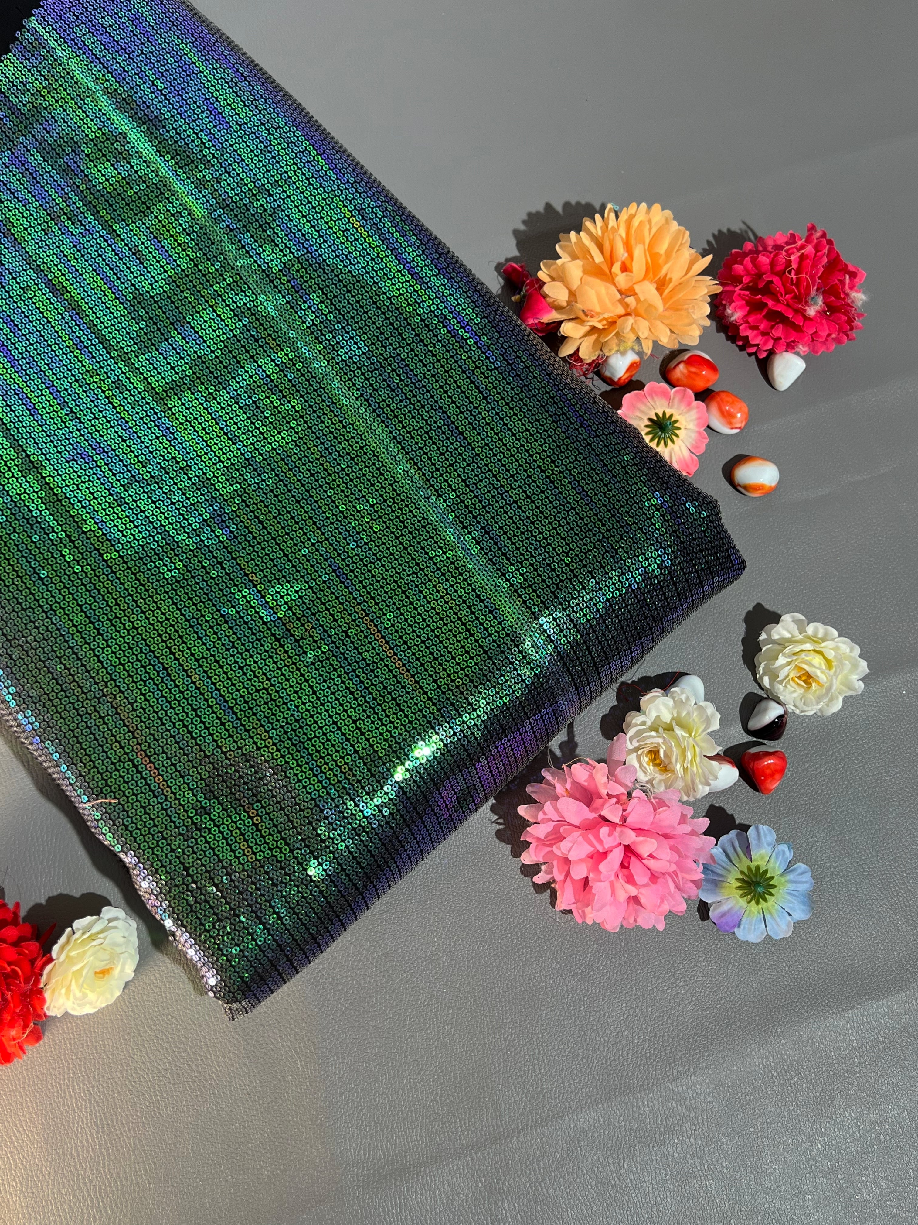 Georgette Sequin Work Black Green 44 Inches Width