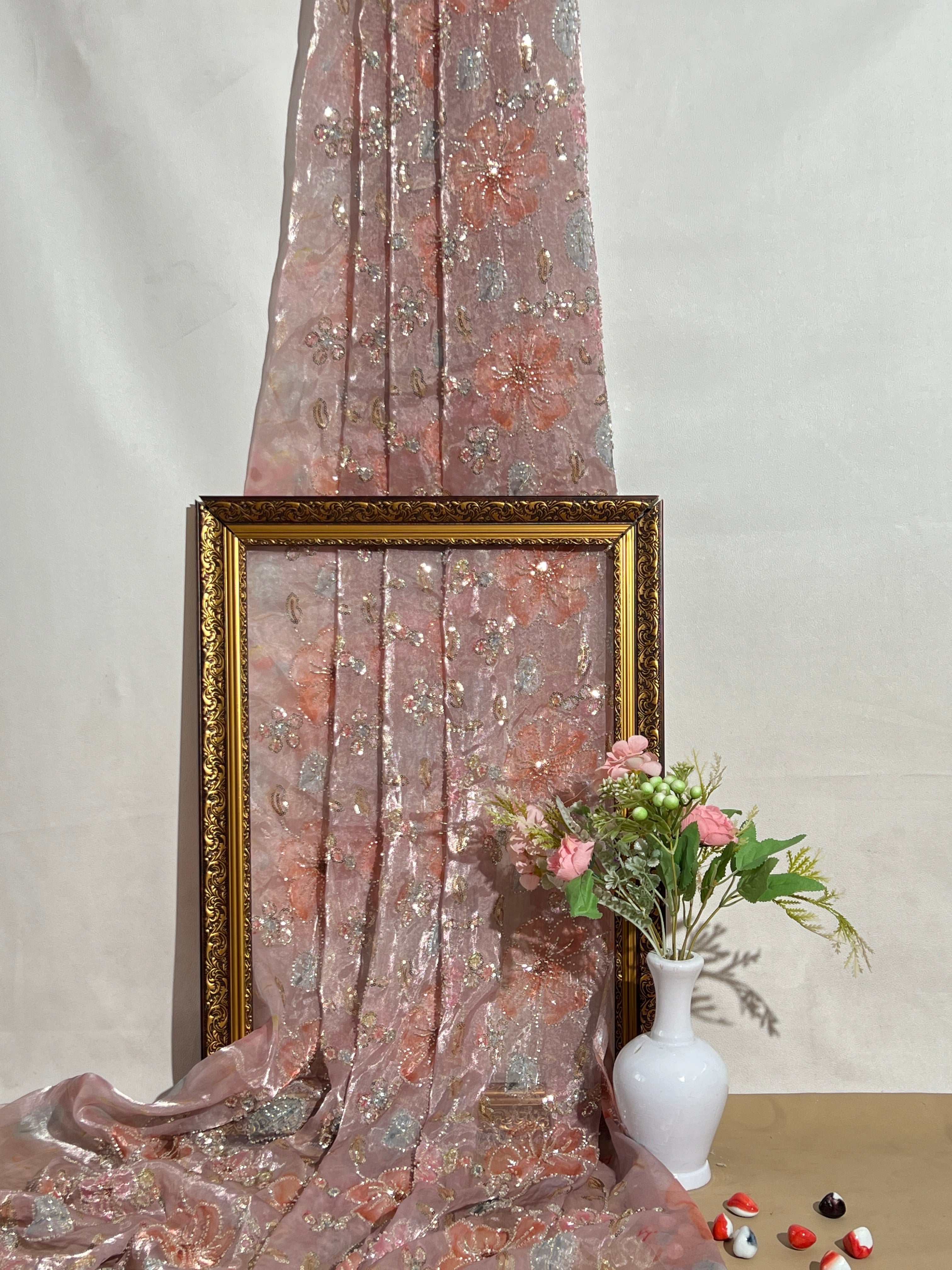 Premium Organza Work Onion Pink Colour 50 Inches Width