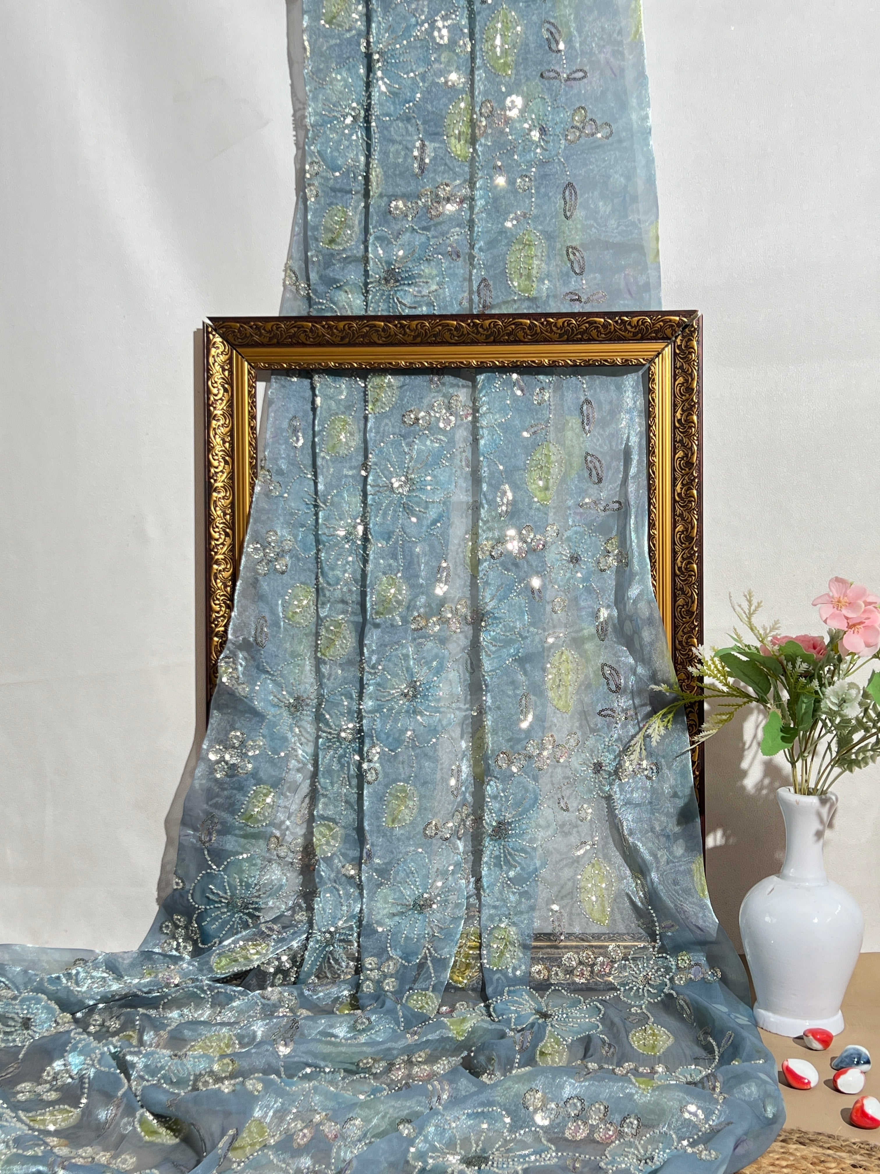 Premium Organza Work Blue Colour 50 Inches Width