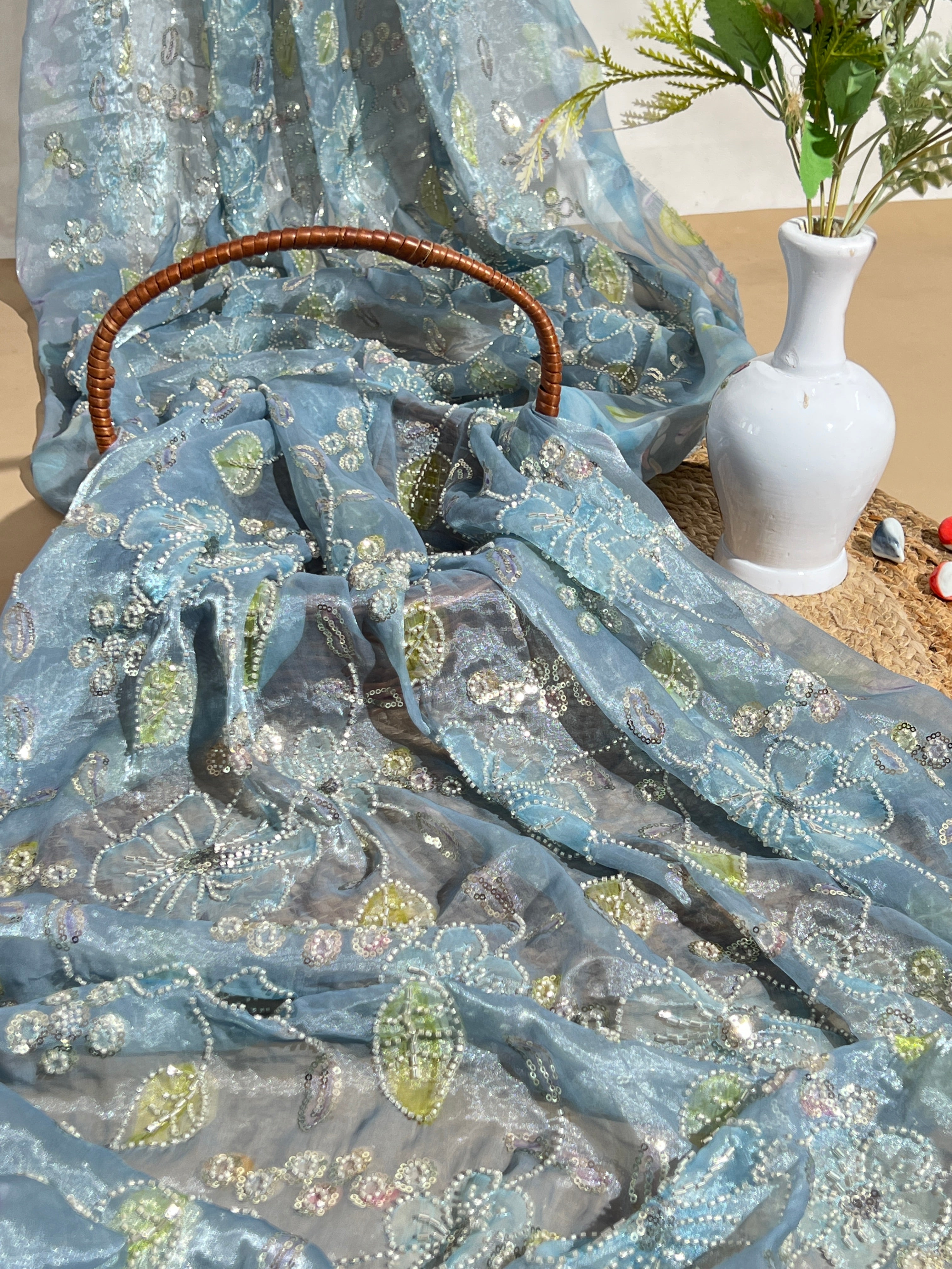 Premium Organza Work Blue Colour 50 Inches Width