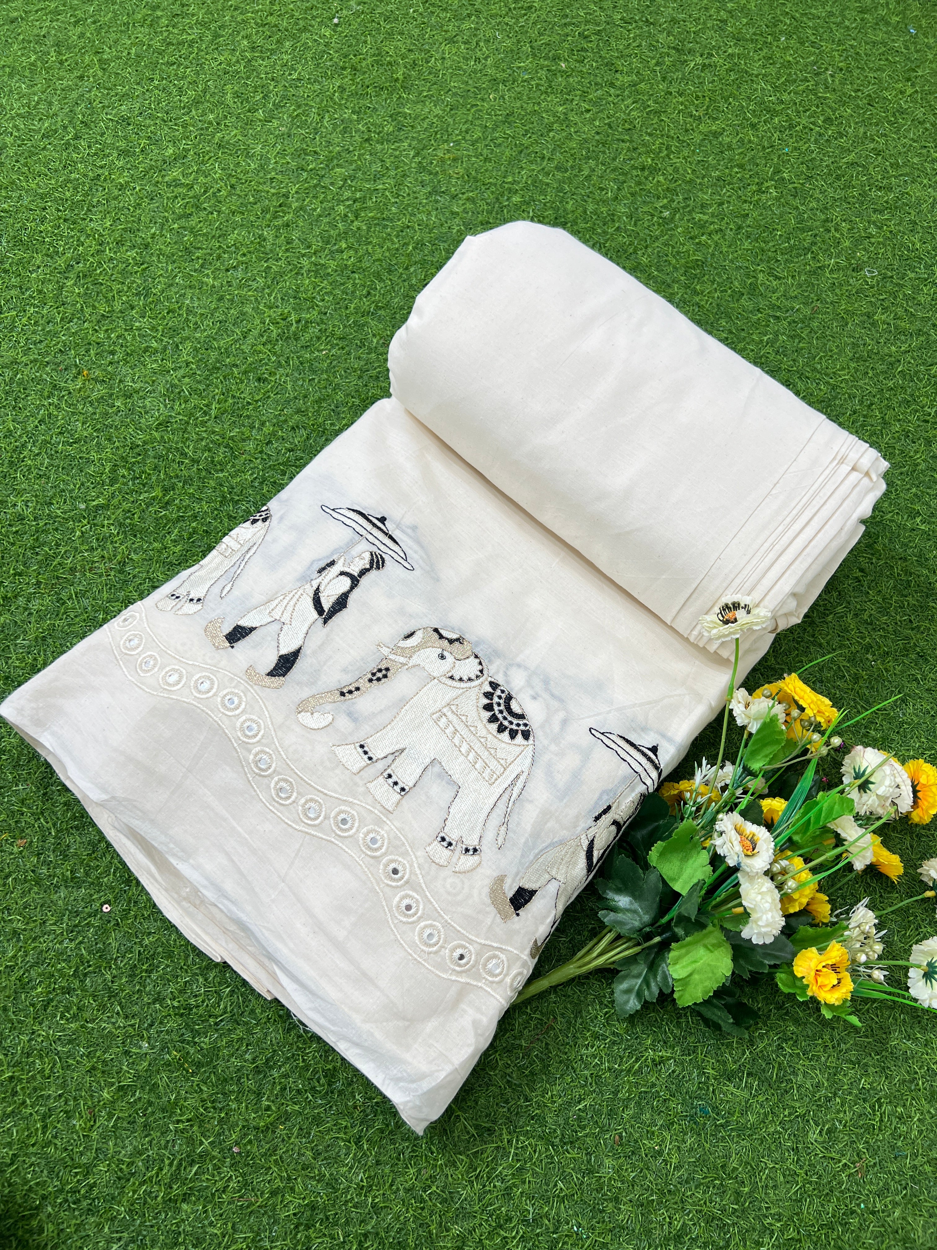 Kora Cotton Border Work Off White Colour 46 Inches Width