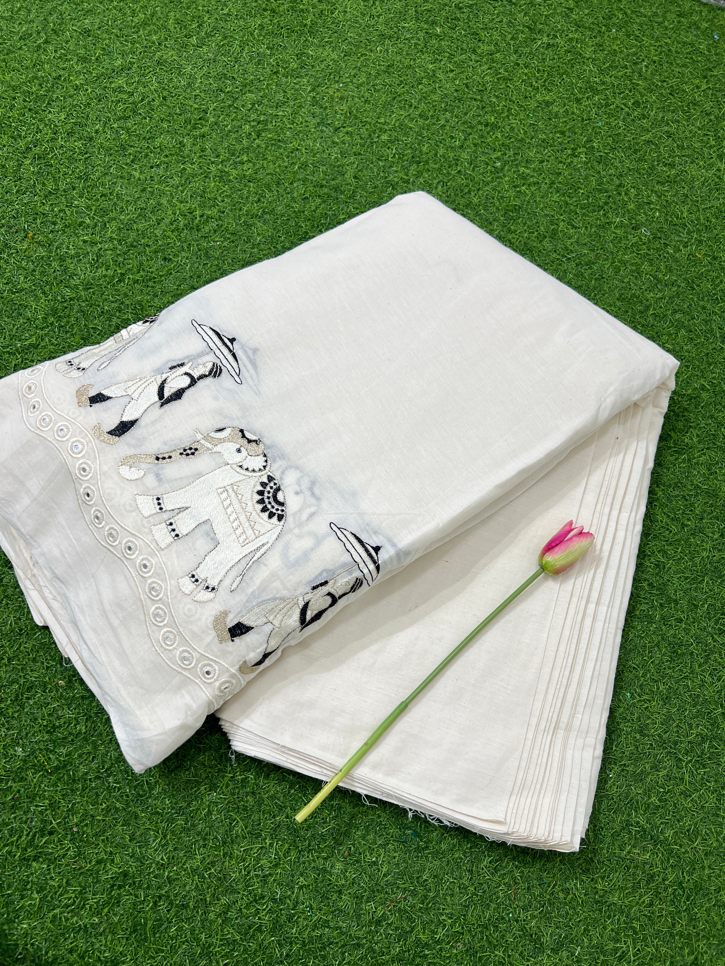Kora Cotton Border Work Off White Colour 46 Inches Width