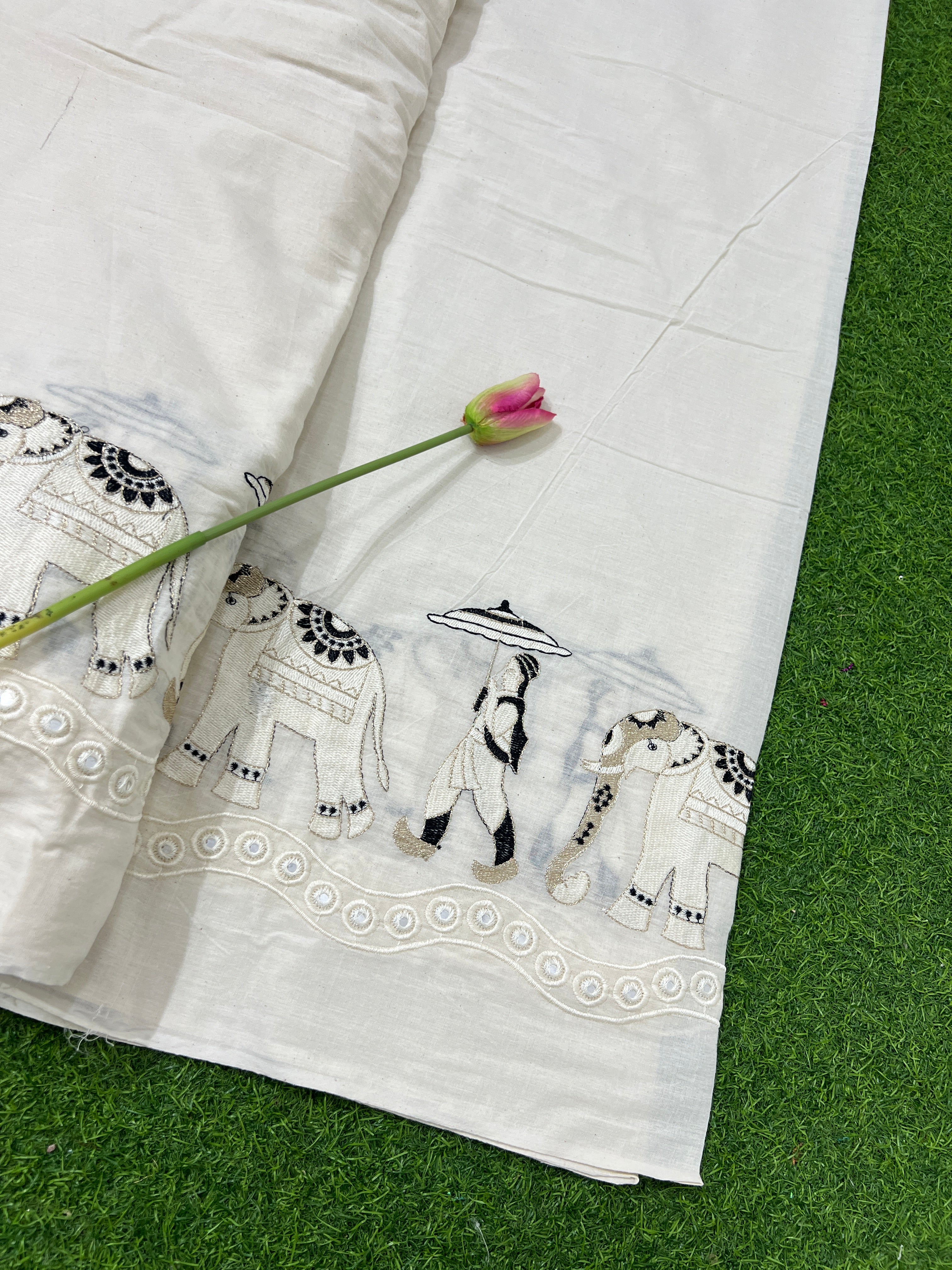 Kora Cotton Border Work Off White Colour 46 Inches Width