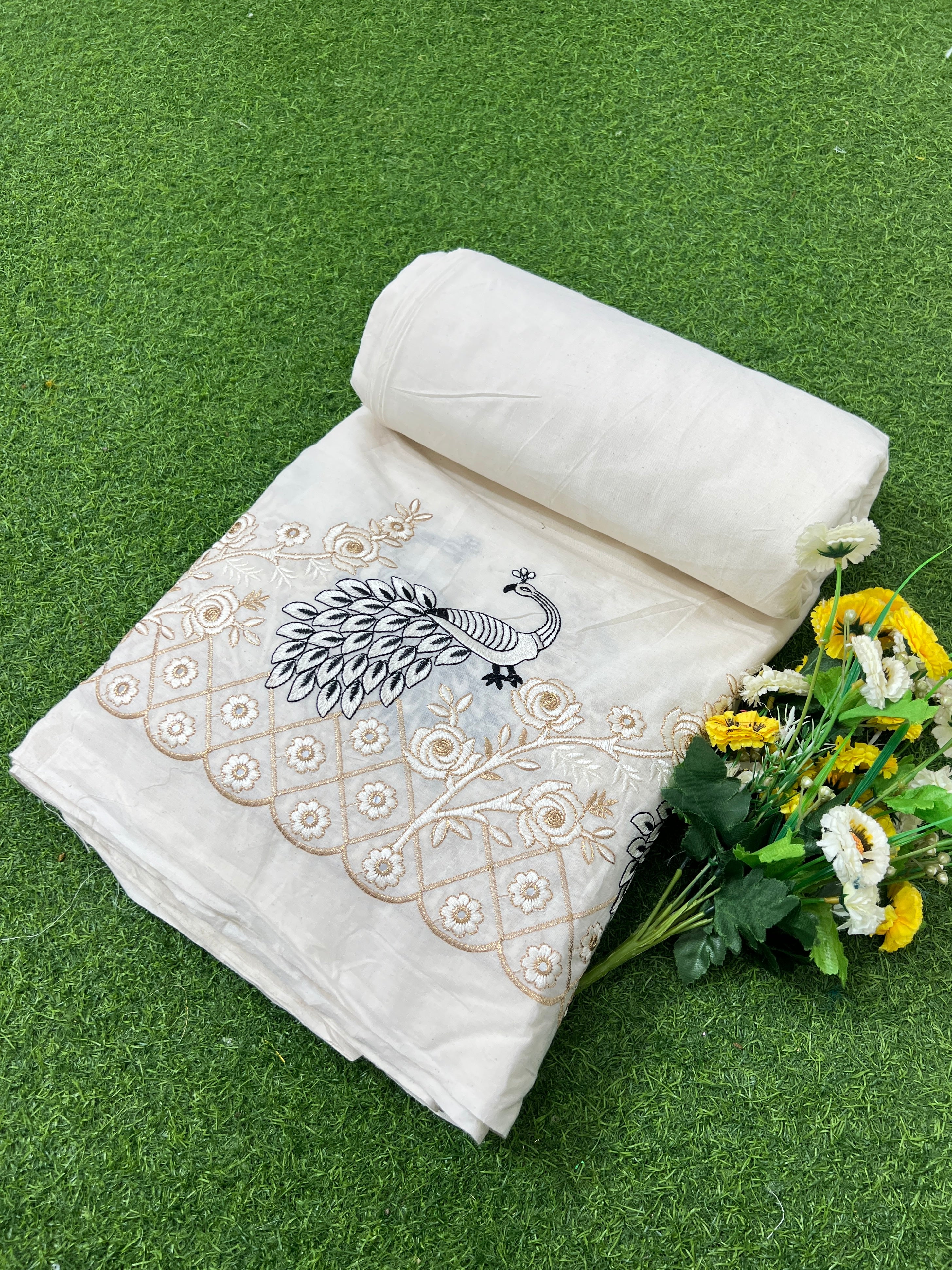 Kora Cotton Border Work Off White Colour 46 Inches Width