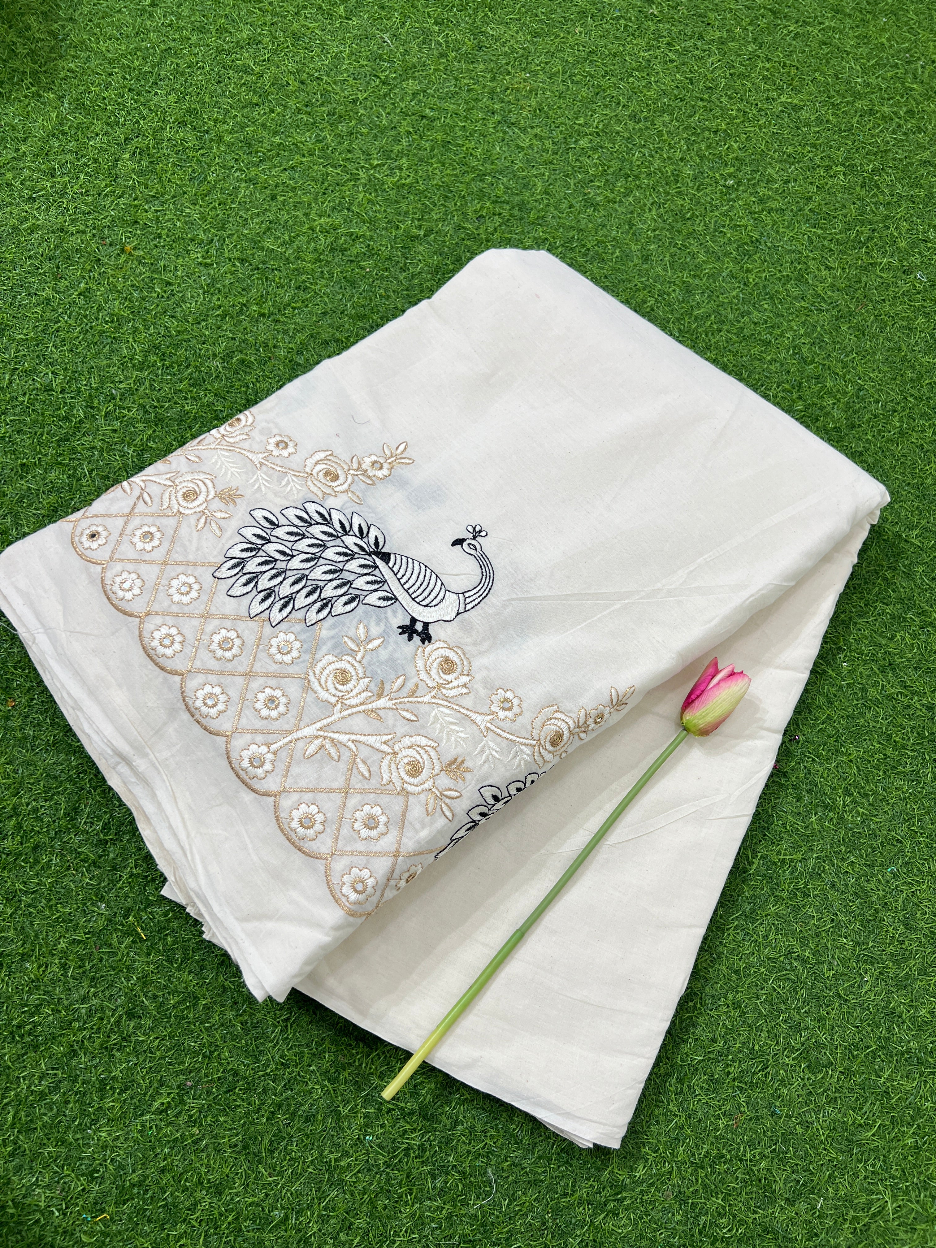 Kora Cotton Border Work Off White Colour 46 Inches Width