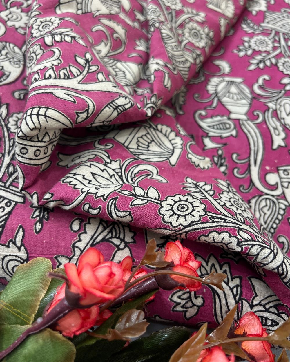 Hand Block Printed Cotton Kalamkari Pink Colour 44 Inches Width