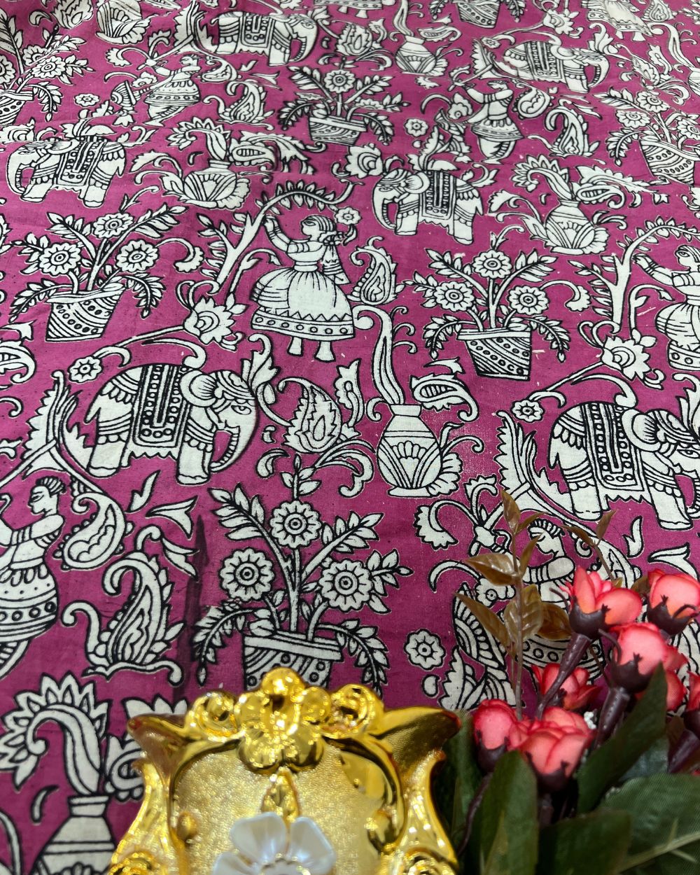Hand Block Printed Cotton Kalamkari Pink Colour 44 Inches Width