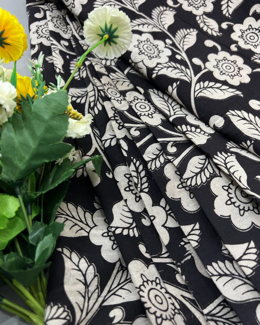 Hand Block Printed Cotton Kalamkari Black Colour 44 Inches Width