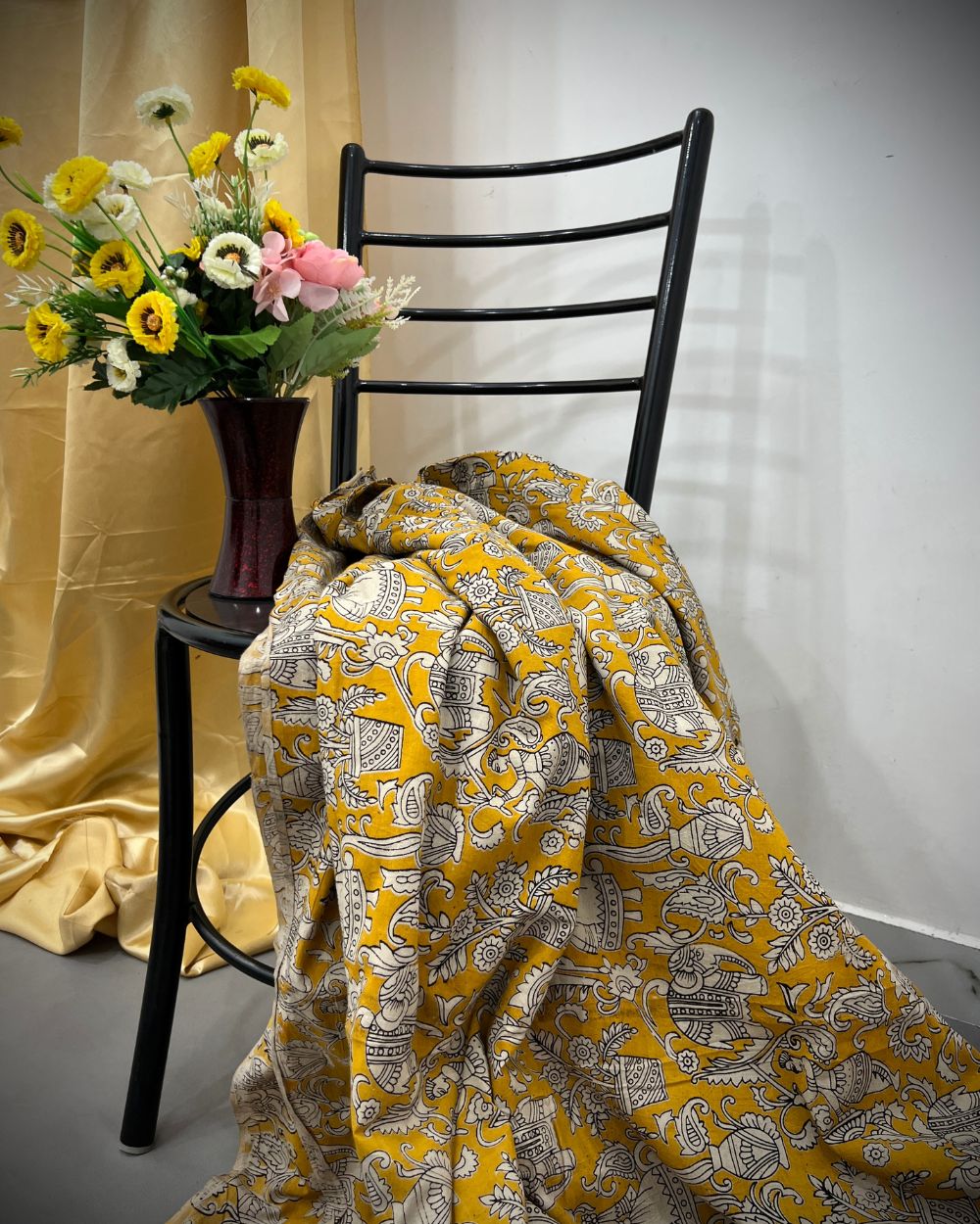 Hand Block Printed Cotton Kalamkari Mustard Yellow Colour 44 Inches Width