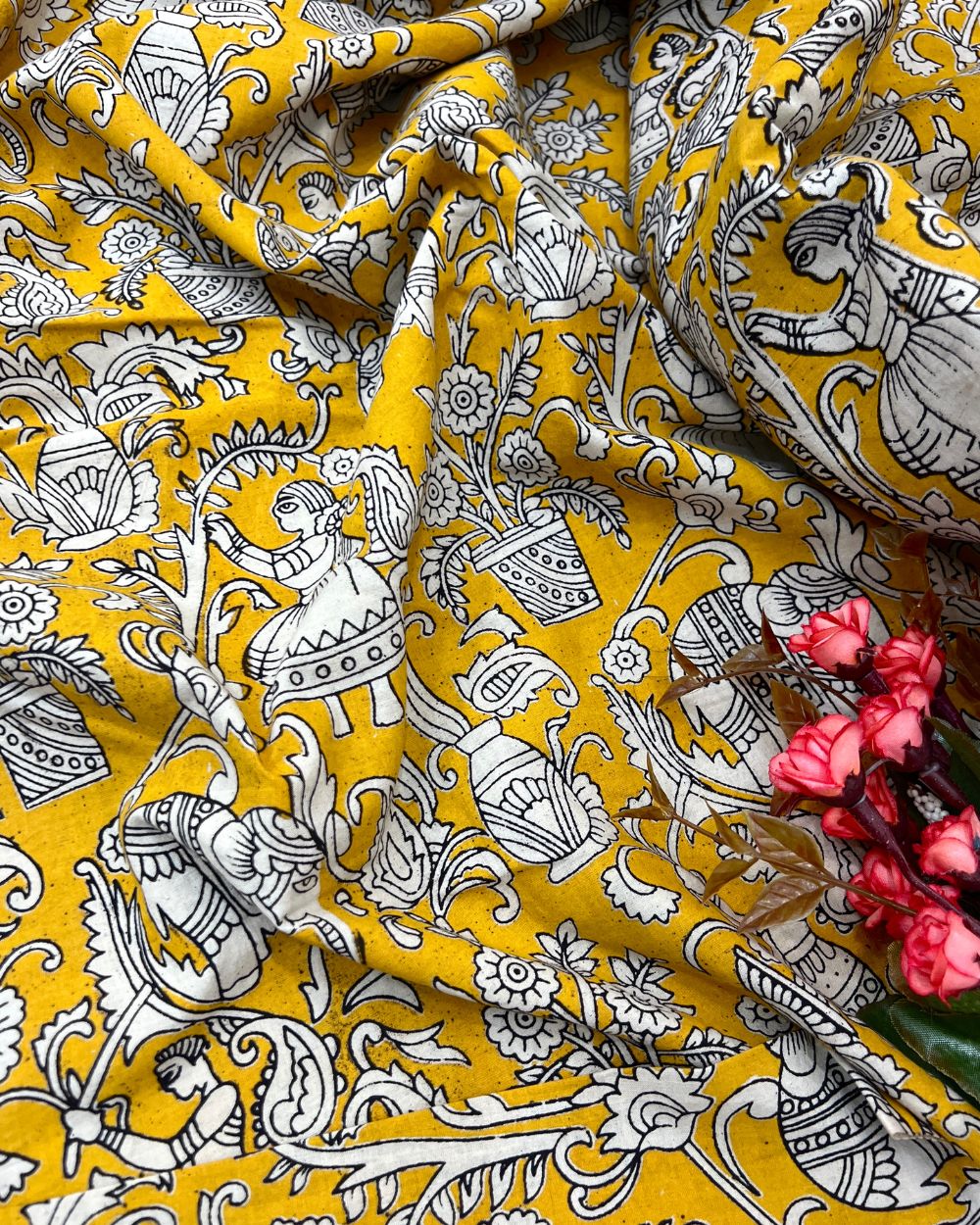 Hand Block Printed Cotton Kalamkari Mustard Yellow Colour 44 Inches Width