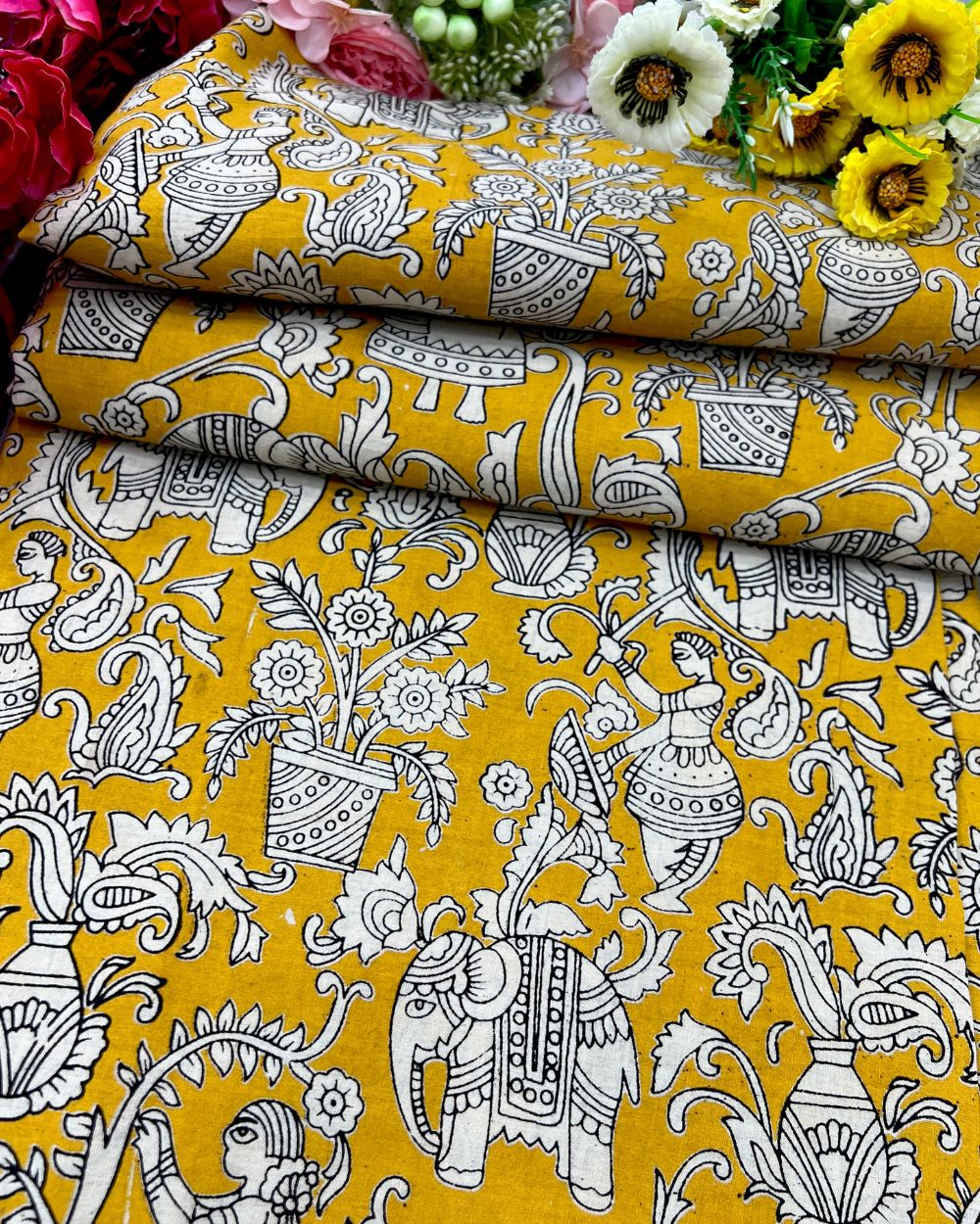 Hand Block Printed Cotton Kalamkari Mustard Yellow Colour 44 Inches Width