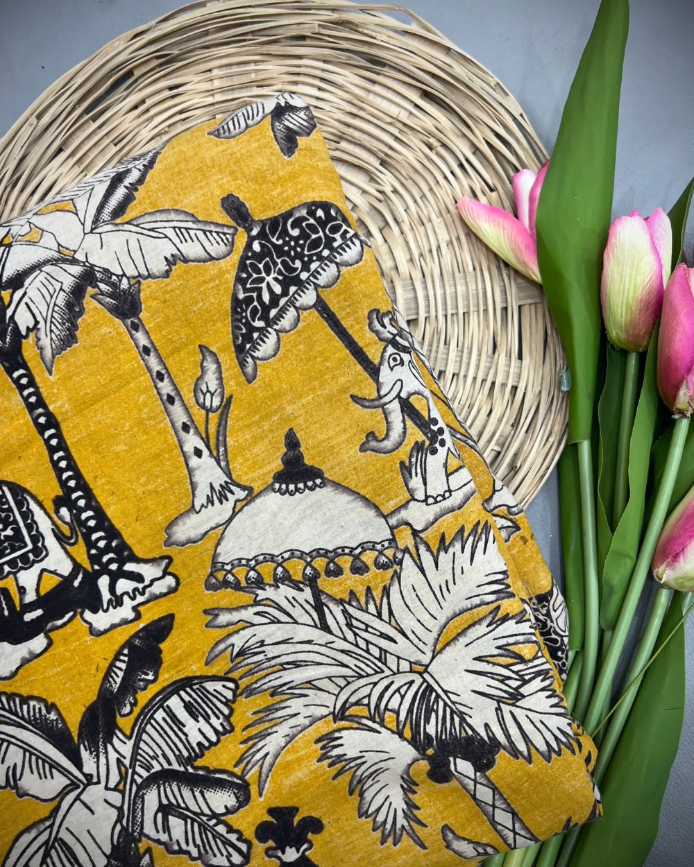 Hand Block Printed Cotton Kalamkari Mustard Yellow Colour 44 Inches Width