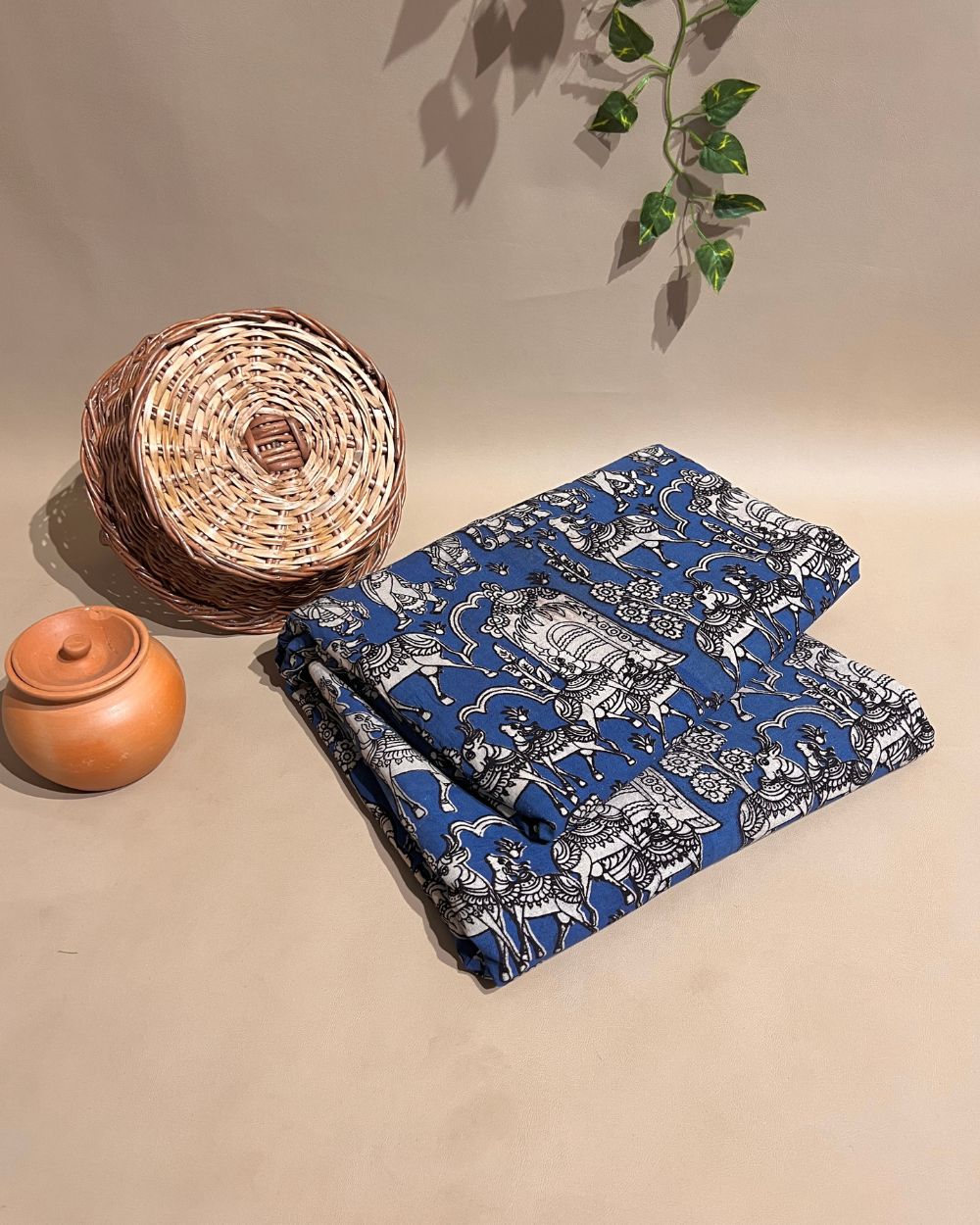 Hand Block Printed Cotton Kalamkari Blue Colour 46 Inches Width