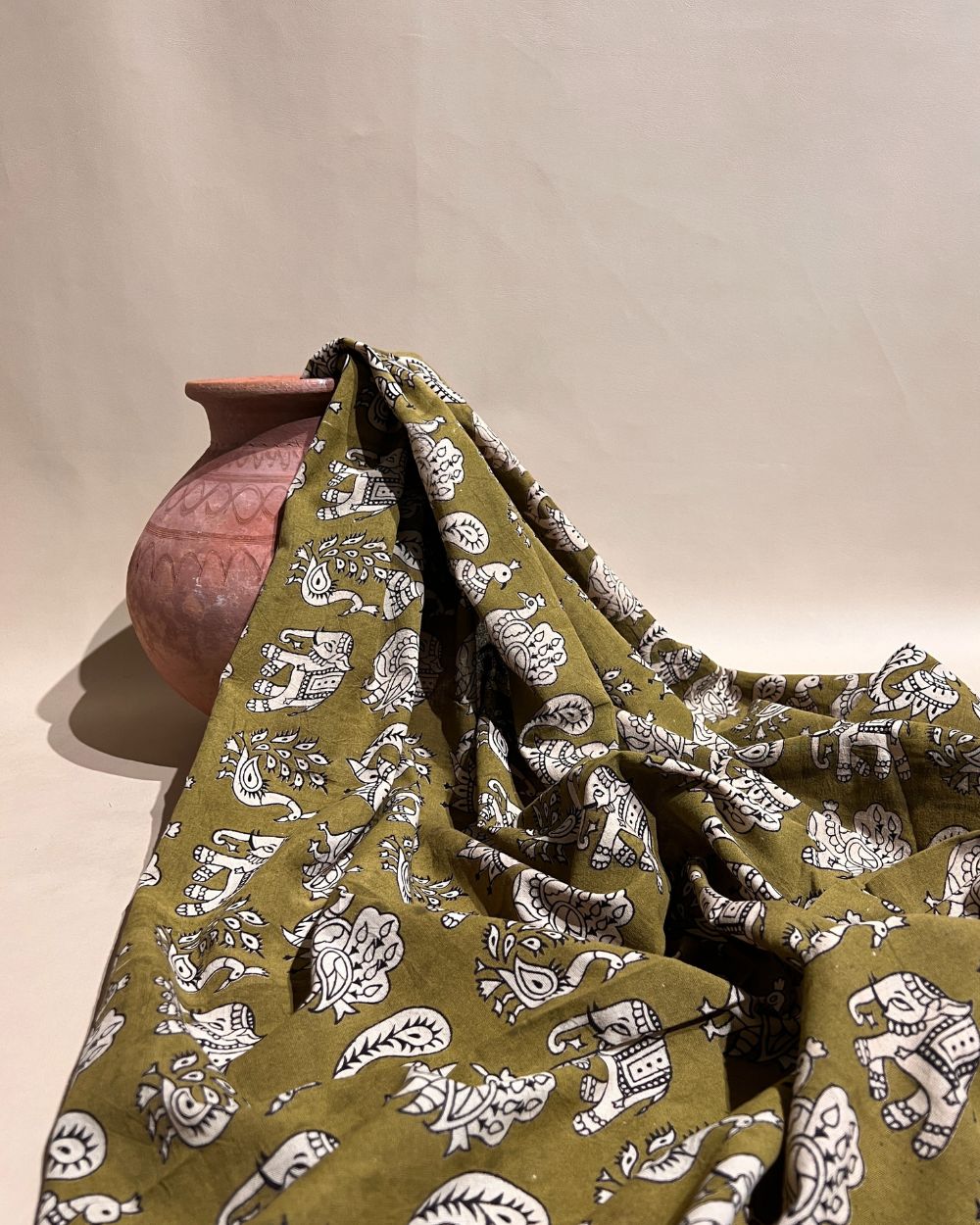 Hand Block Printed Cotton Kalamkari Mehendi Green Colour 46 Inches Width